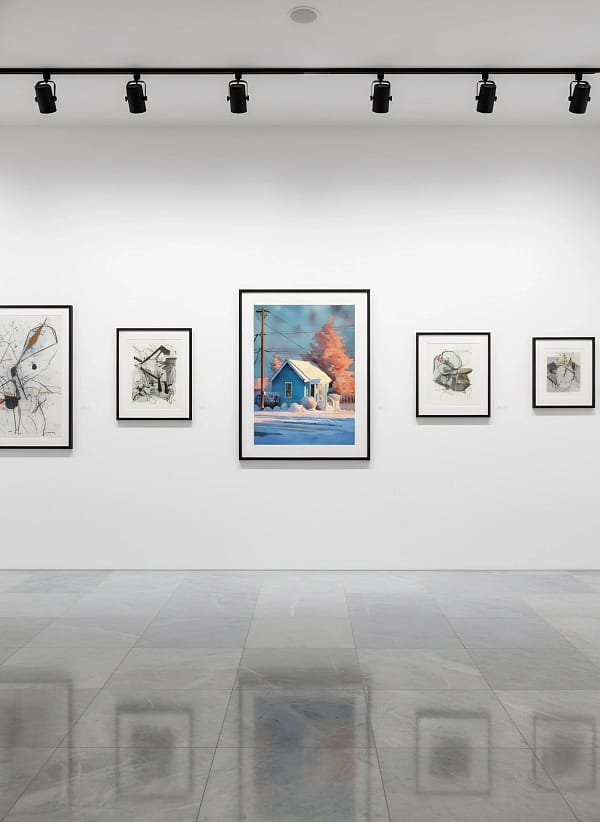 Vibrant Blue House Winter Sunset - Golden Hour Art & Warm Winter Streetscape