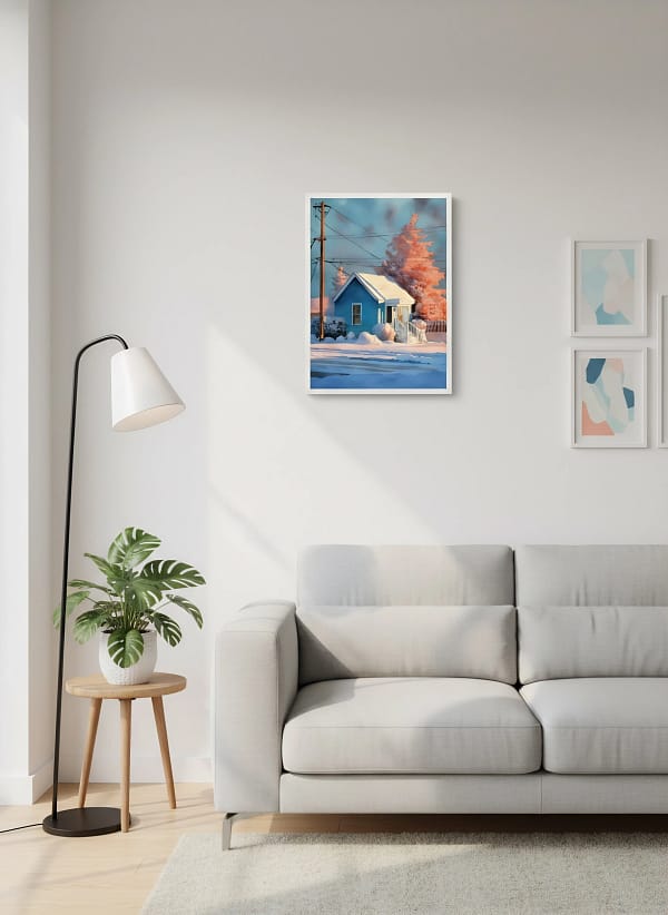 Vibrant Blue House Winter Sunset - Golden Hour Art & Warm Winter Streetscape