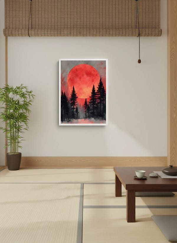 Dramatic Red Moon Forest Silhouette - Minimalist Forest Art & Graphic Landscape Decor