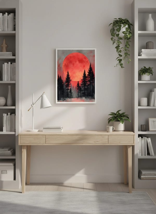 Dramatic Red Moon Forest Silhouette - Minimalist Forest Art & Graphic Landscape Decor