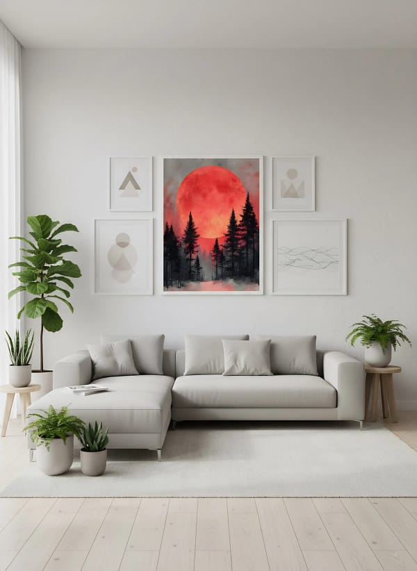Dramatic Red Moon Forest Silhouette - Minimalist Forest Art & Graphic Landscape Decor