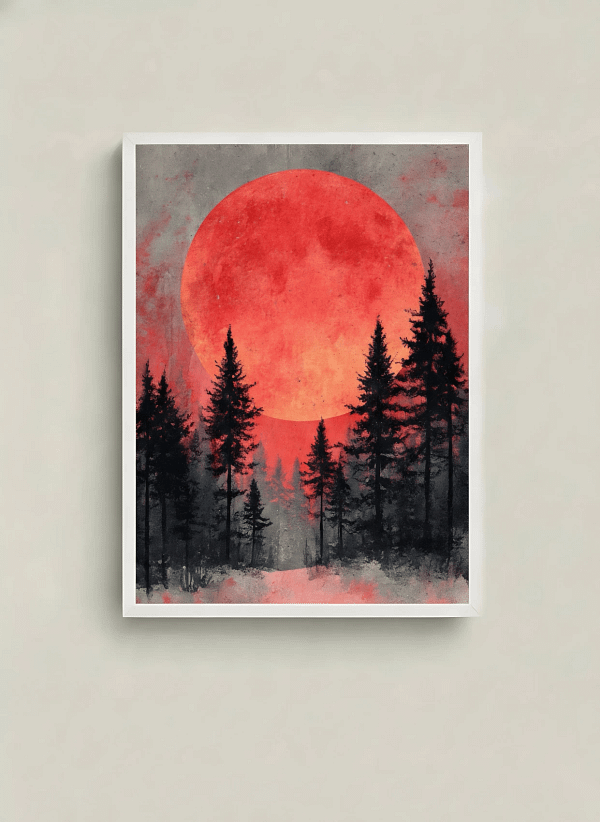 Dramatic Red Moon Forest Silhouette - Minimalist Forest Art & Graphic Landscape Decor