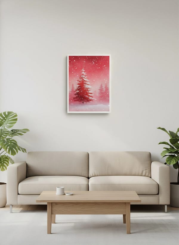 Vivid Red Snowfall Forest - Red Abstract Art & Modern Winter Decor