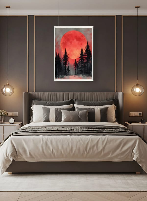Dramatic Red Moon Forest Silhouette - Minimalist Forest Art & Graphic Landscape Decor