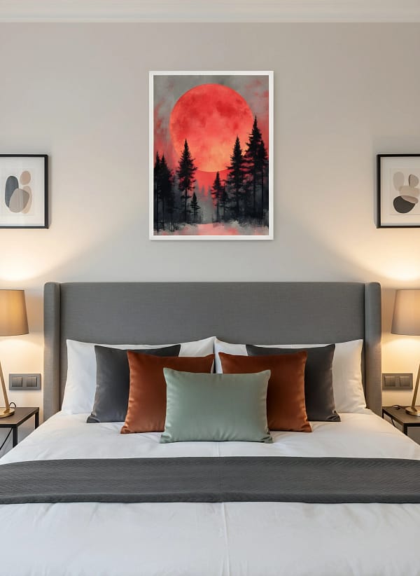 Dramatic Red Moon Forest Silhouette - Minimalist Forest Art & Graphic Landscape Decor