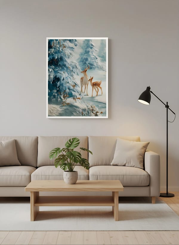 Stunning Snowy Woods Art: Fawn Painting for Wall Decor