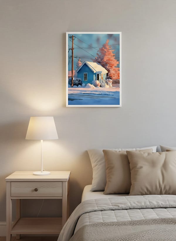 Vibrant Blue House Winter Sunset - Golden Hour Art & Warm Winter Streetscape