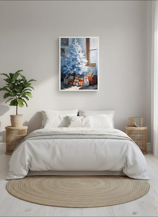 Stunning White Christmas Art: Cat Painting for Wall Art