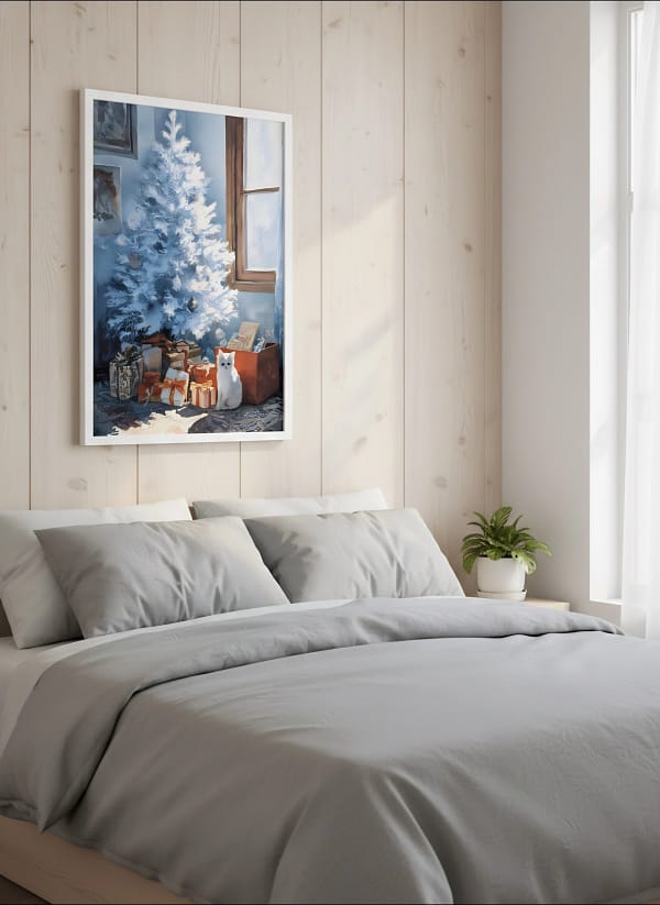 Stunning White Christmas Art: Cat Painting for Wall Art